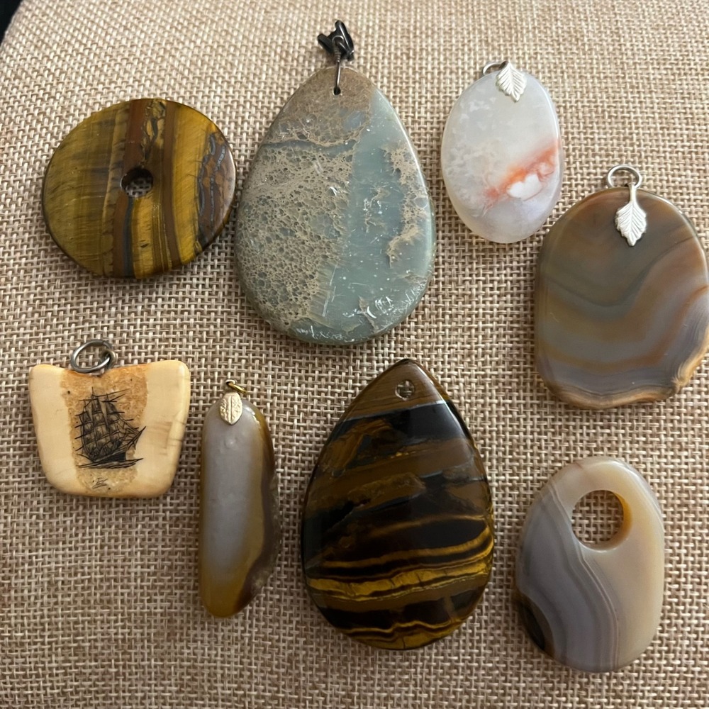 8pc Vintage Natural Stone Pendants Tiger Eye Agate Jasper Goblincore